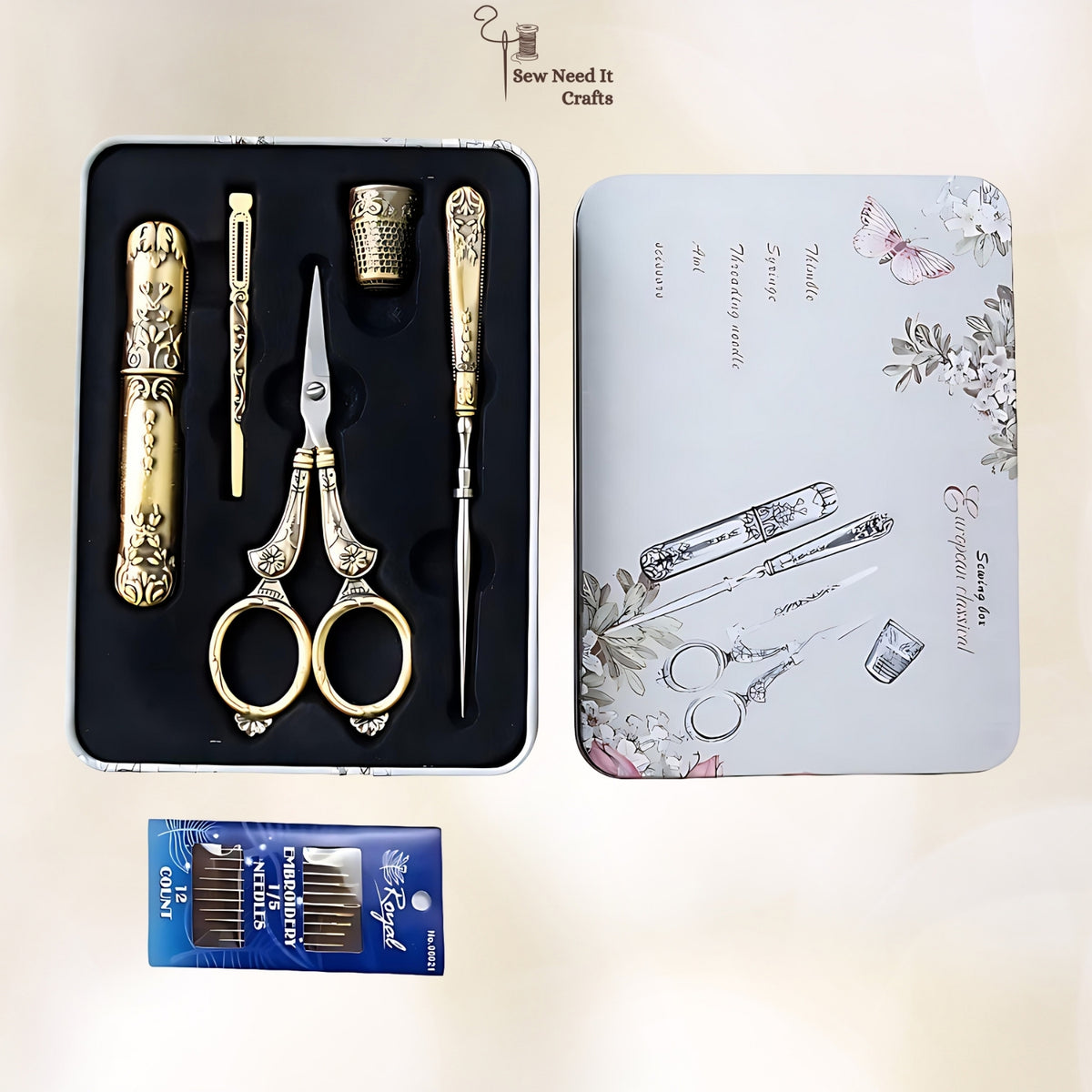 Vintage Engraved Sewing Set in Box