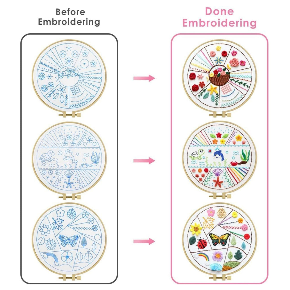 3 Pieces Set Beginner Embroidery Floral Butterfly Dolphin Kit