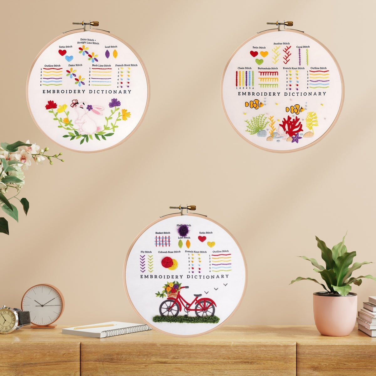 3 Pieces Set Beginner Embroidery Rabbit Bicycle Seagrass Kit