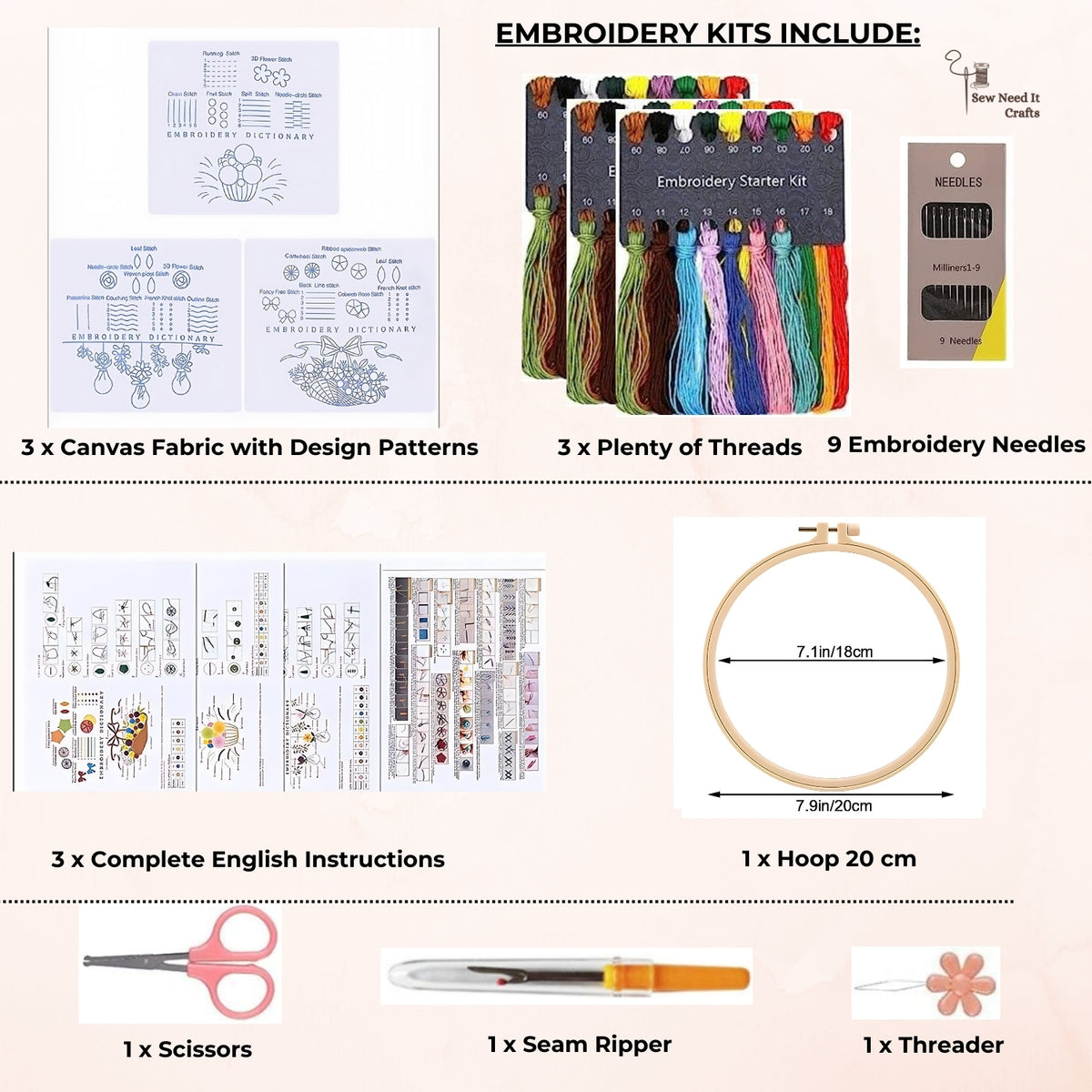 3 Pieces Set Starter Novice Embroidery Floral Kit